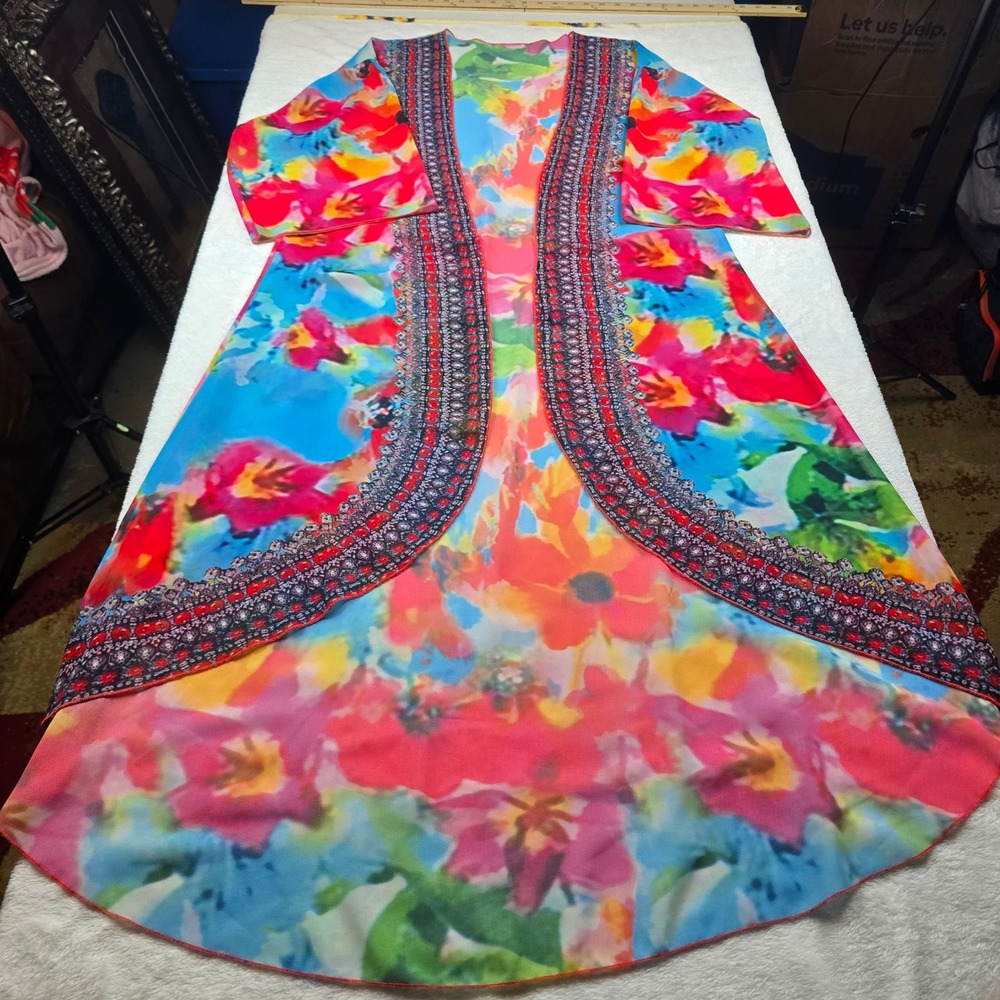 Floral Kimono Duster Swimsuit Cover Up Multicolor Sheer Open Front Long Cardigan
